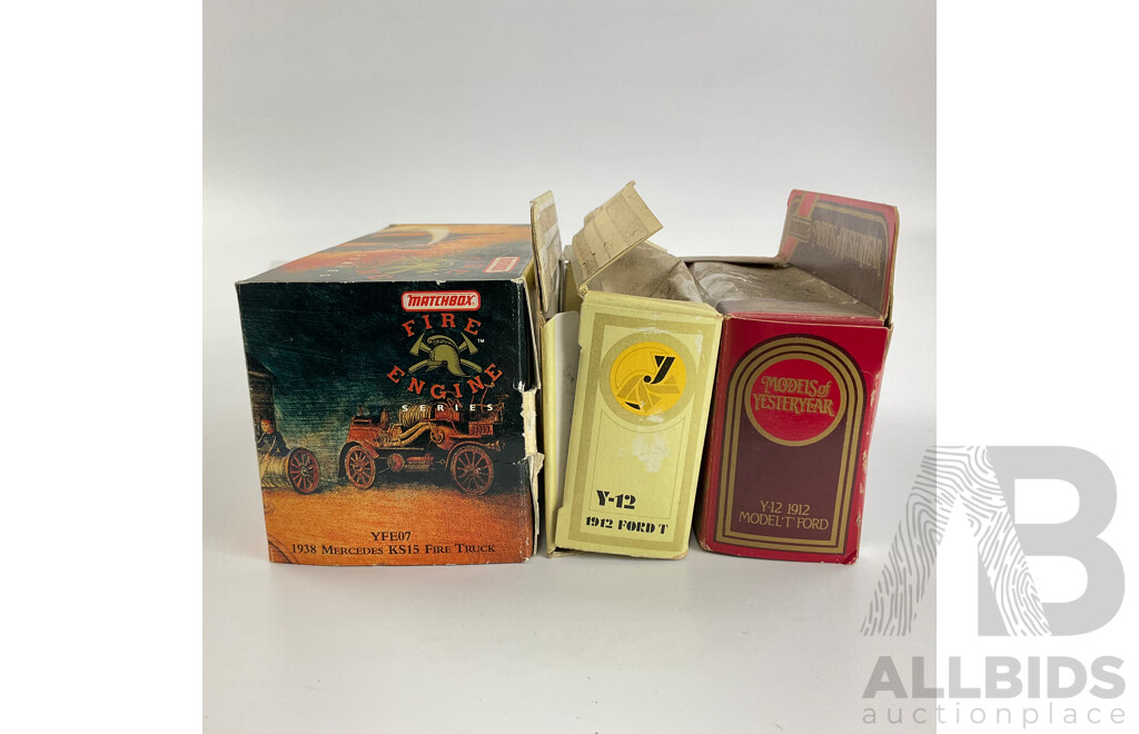 Three Vintage Matchbox Models of Yesteryear Diecast Vehicles Including 1938 Mercedes KS15 Fire Truck, Two 1912 Ford Model T