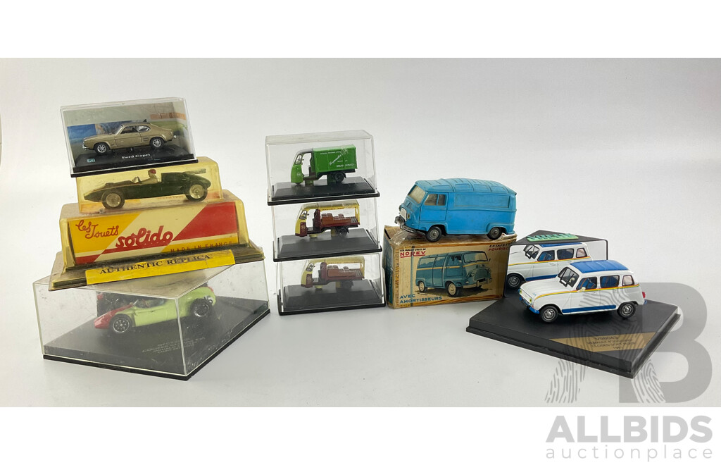 Vintage Diecast Vehicles Including Solido Cooper F2, Quartzo Cooper Climax T51, Oxford Delivery Vans, Vitesse 1981 Renault 4 Jogging, Cararama Ford Capri and Norev Renault Fourgon