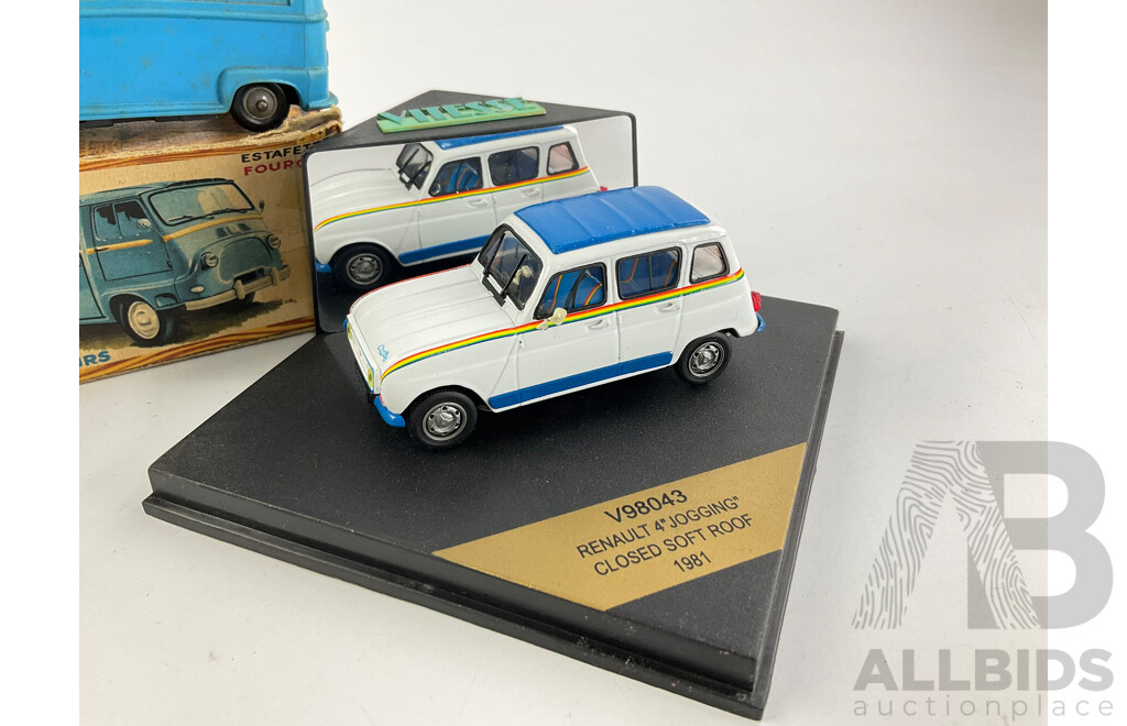 Vintage Diecast Vehicles Including Solido Cooper F2, Quartzo Cooper Climax T51, Oxford Delivery Vans, Vitesse 1981 Renault 4 Jogging, Cararama Ford Capri and Norev Renault Fourgon