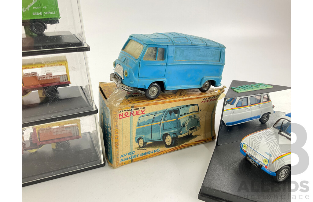 Vintage Diecast Vehicles Including Solido Cooper F2, Quartzo Cooper Climax T51, Oxford Delivery Vans, Vitesse 1981 Renault 4 Jogging, Cararama Ford Capri and Norev Renault Fourgon