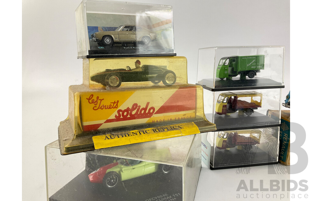 Vintage Diecast Vehicles Including Solido Cooper F2, Quartzo Cooper Climax T51, Oxford Delivery Vans, Vitesse 1981 Renault 4 Jogging, Cararama Ford Capri and Norev Renault Fourgon