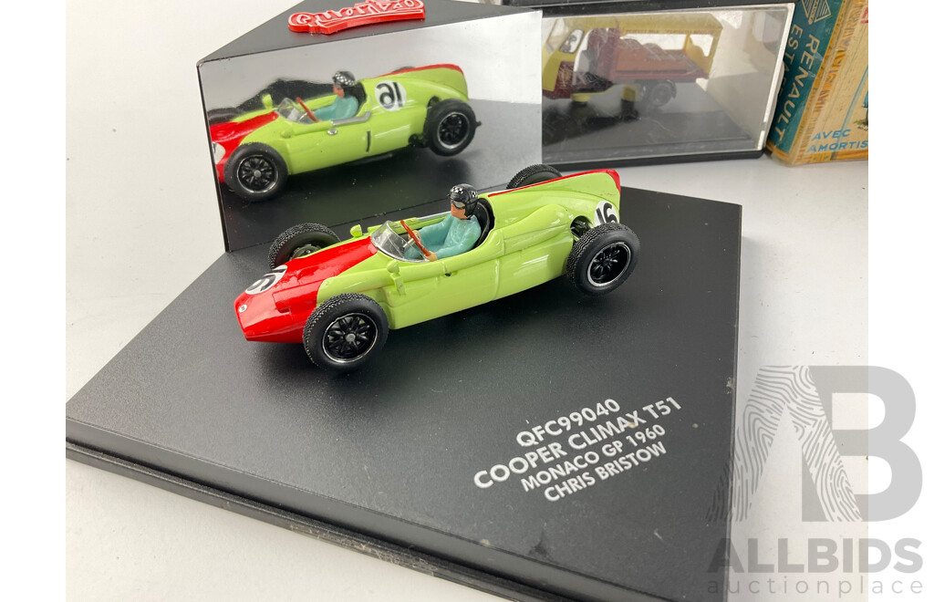 Vintage Diecast Vehicles Including Solido Cooper F2, Quartzo Cooper Climax T51, Oxford Delivery Vans, Vitesse 1981 Renault 4 Jogging, Cararama Ford Capri and Norev Renault Fourgon