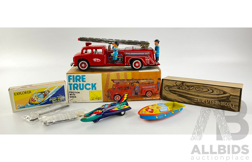 Vintage Pressed Steel Fire Truck, Putt Putt Boat and Space Ship