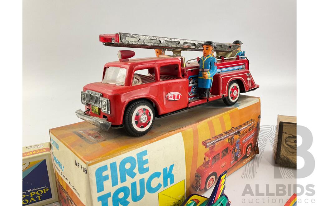 Vintage Pressed Steel Fire Truck, Putt Putt Boat and Space Ship