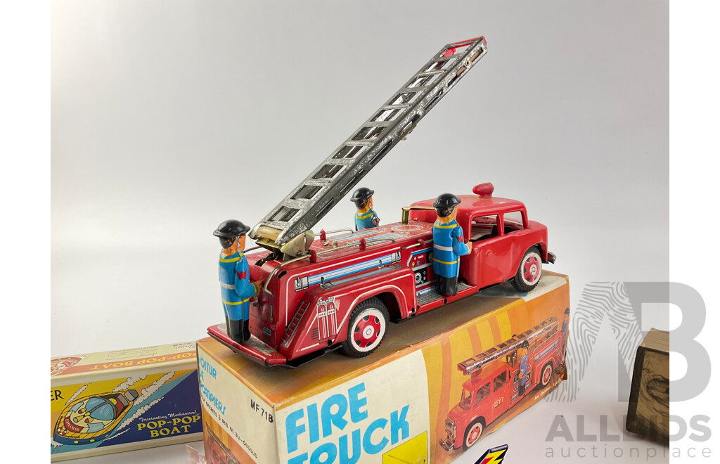 Vintage Pressed Steel Fire Truck, Putt Putt Boat and Space Ship