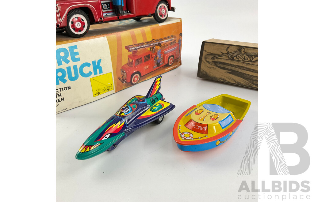 Vintage Pressed Steel Fire Truck, Putt Putt Boat and Space Ship