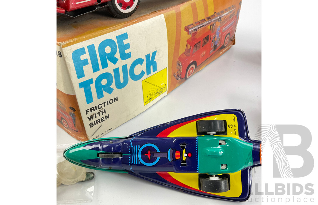 Vintage Pressed Steel Fire Truck, Putt Putt Boat and Space Ship