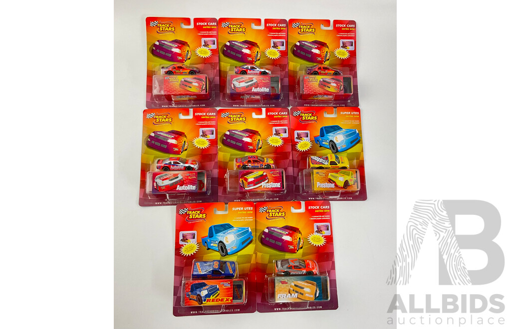 Eight Diecast Track Stars Stock Cars and Super Utes in Original Packaging