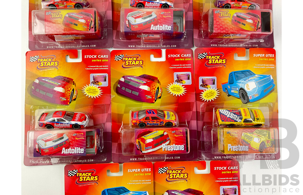 Eight Diecast Track Stars Stock Cars and Super Utes in Original Packaging