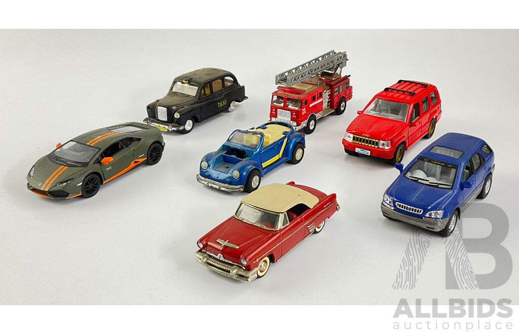 Assortment of Diecast Vehicles Including 1954 Mercury, VW, Jeep Cherokee, Lexus 300RX, UK Taxi, Lamborghini Hurricane