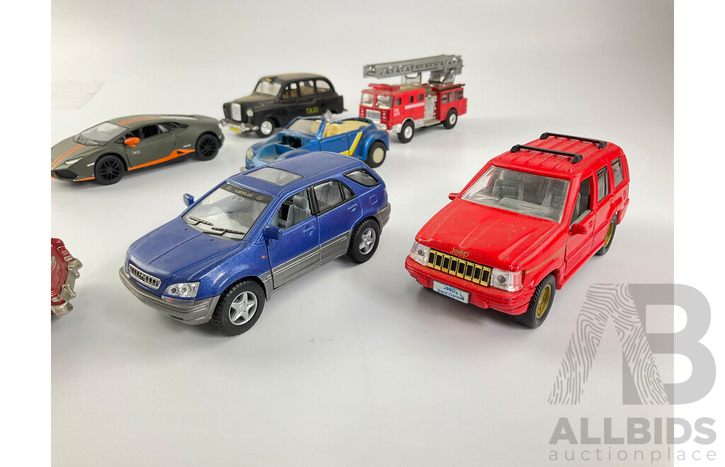 Assortment of Diecast Vehicles Including 1954 Mercury, VW, Jeep Cherokee, Lexus 300RX, UK Taxi, Lamborghini Hurricane