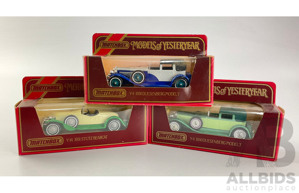 Three Boxed Matchbox Models of Yesteryear Including Y-4 1930 Duesenberg Model J, Y-14 1931 Stutz Bearcat