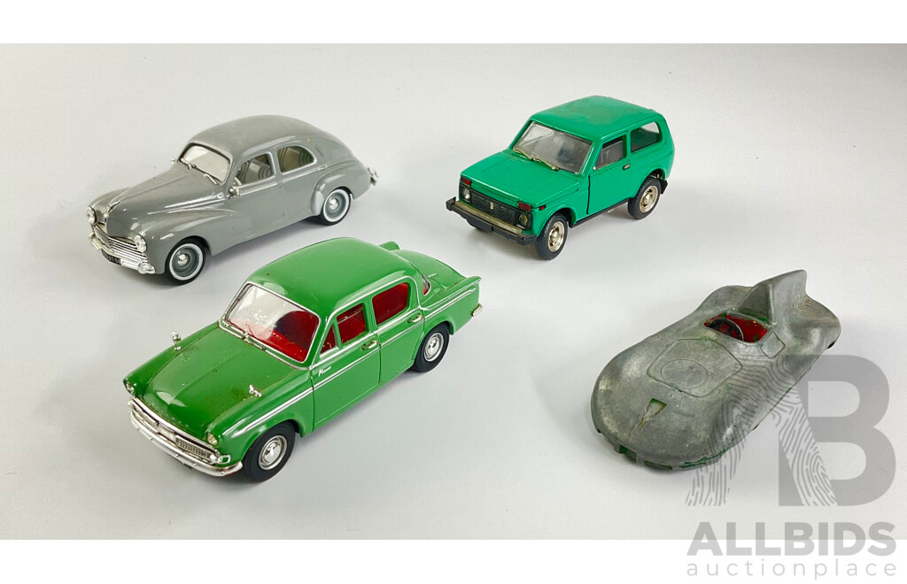 Vintage Diecast Lledo Hillman and Dinky Toys Connaught with Peugeot 203 and Lada Niva, Made in USSR