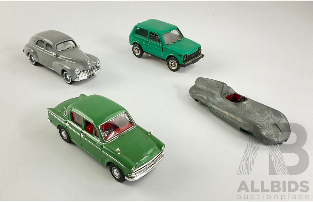 Vintage Diecast Lledo Hillman and Dinky Toys Connaught with Peugeot 203 and Lada Niva, Made in USSR