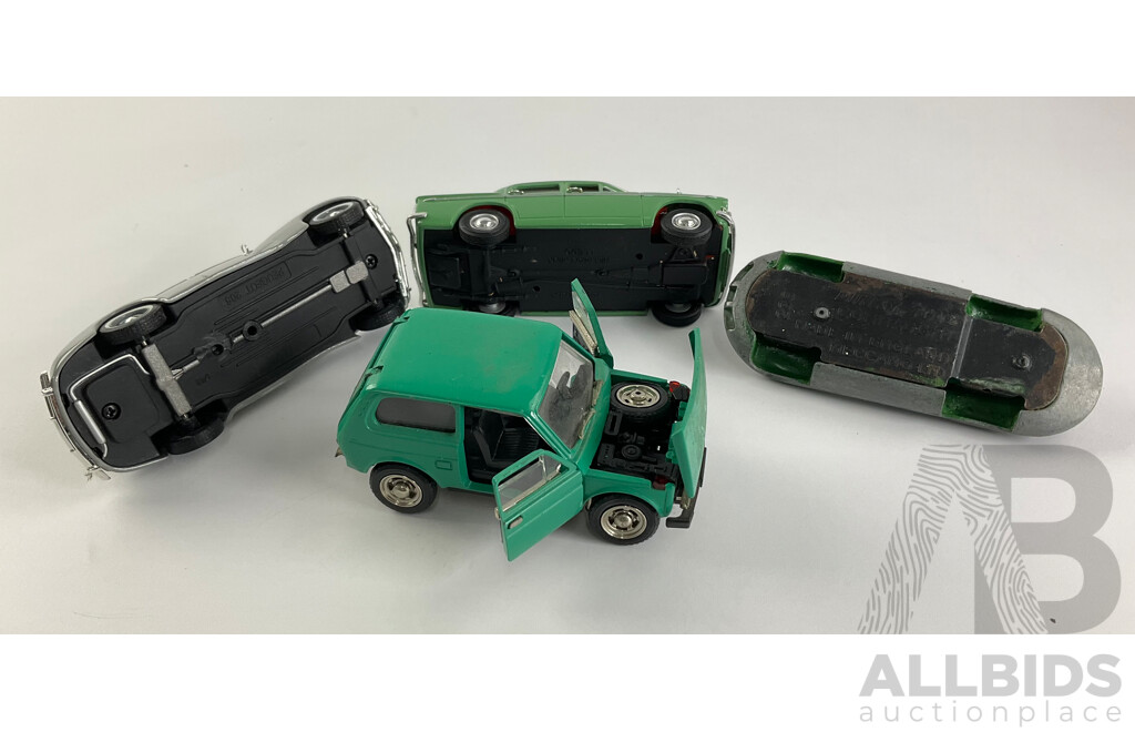 Vintage Diecast Lledo Hillman and Dinky Toys Connaught with Peugeot 203 and Lada Niva, Made in USSR