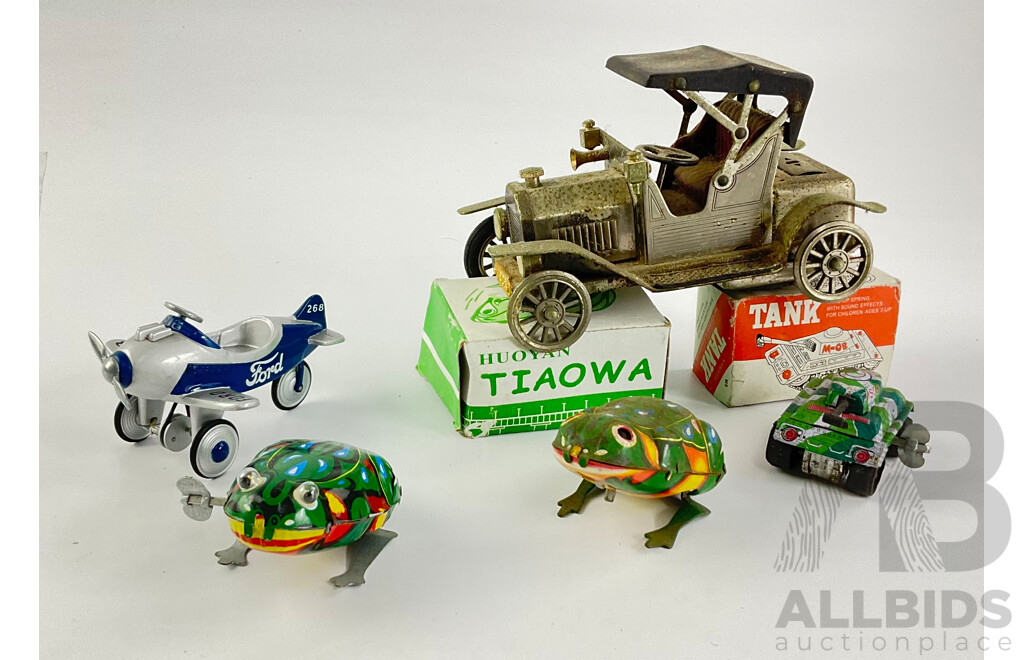 Vintage Pressed Steel Clock Work Toys Including Model T, Frogs and Tank