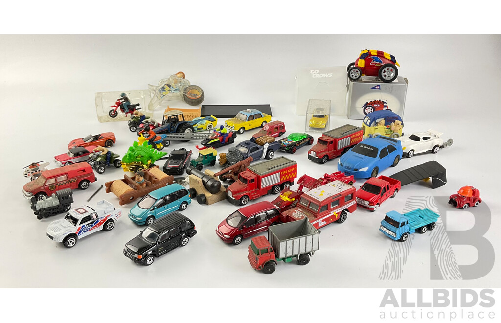 Collection of Diecast and Plastic Vehicles Including Matchbox, Burago, Maisto, Hotwheels and More