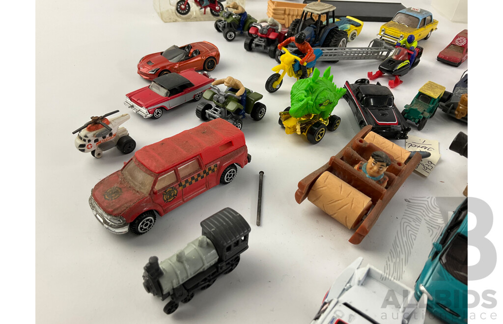 Collection of Diecast and Plastic Vehicles Including Matchbox, Burago, Maisto, Hotwheels and More