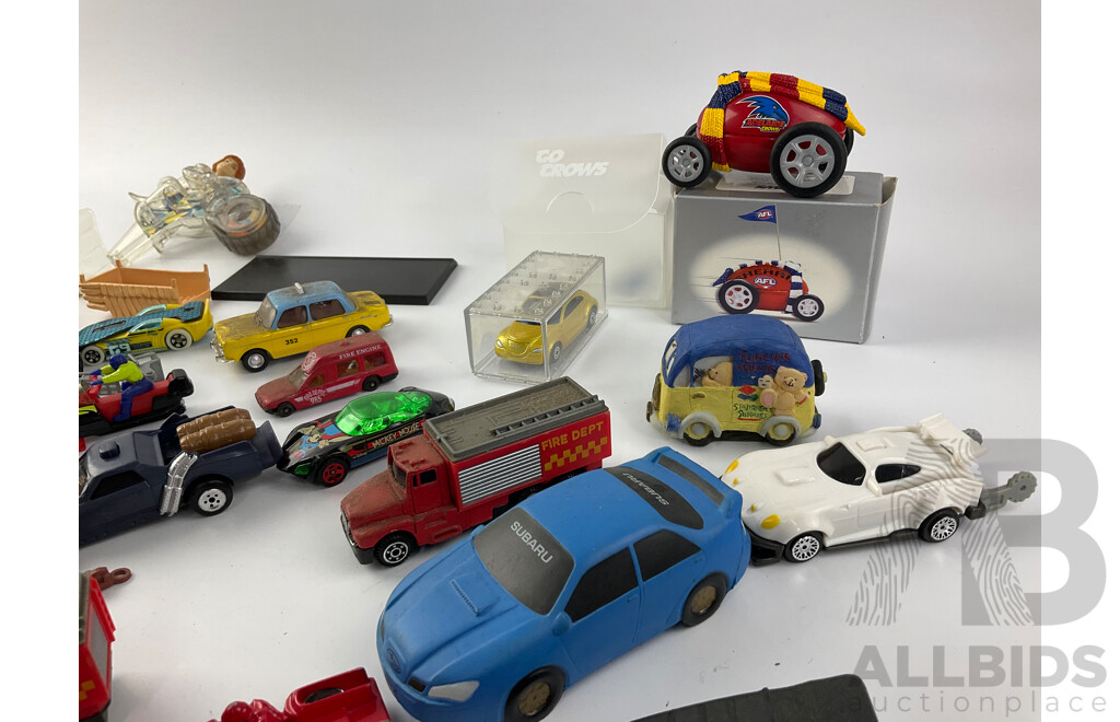 Collection of Diecast and Plastic Vehicles Including Matchbox, Burago, Maisto, Hotwheels and More