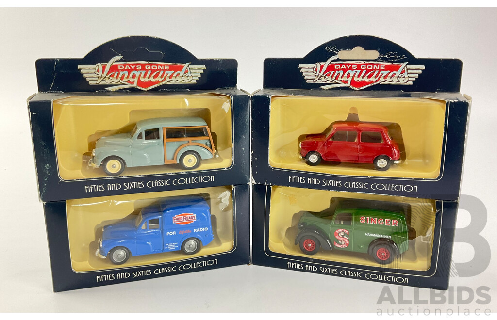 Four Boxed Days Gone Vanguards Including 1950 Morris, 1959 Austin7 Mini, 1960 Morris Minor Van, 1960 Morris Minor Traveller