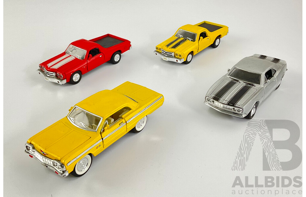 Collection of Diecast American Muscle Cars Including 1964 SS Impala, 1967 Camaro, 1970 El Caminos - 1:34 and 1:38 Scale