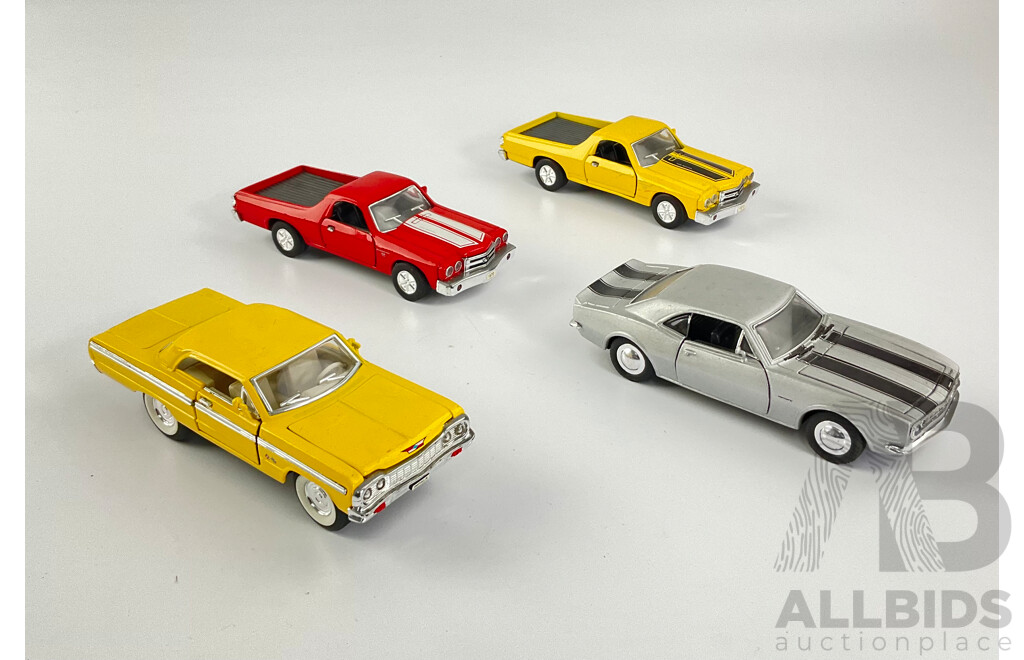 Collection of Diecast American Muscle Cars Including 1964 SS Impala, 1967 Camaro, 1970 El Caminos - 1:34 and 1:38 Scale