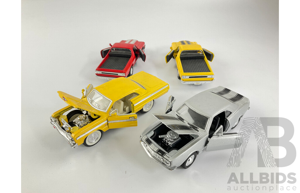 Collection of Diecast American Muscle Cars Including 1964 SS Impala, 1967 Camaro, 1970 El Caminos - 1:34 and 1:38 Scale