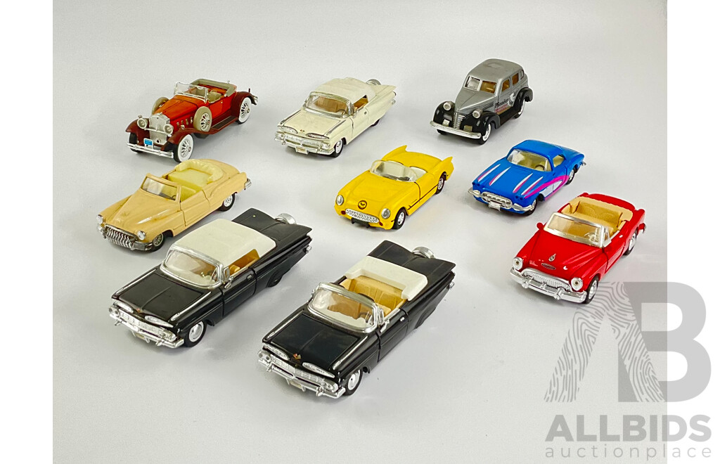 Collection of Diecast Classic American Cars Including 1930 Packard, 1959 Chevolet Impala, 1953 Buick Skylark, 1956 and 1962 Corvettes