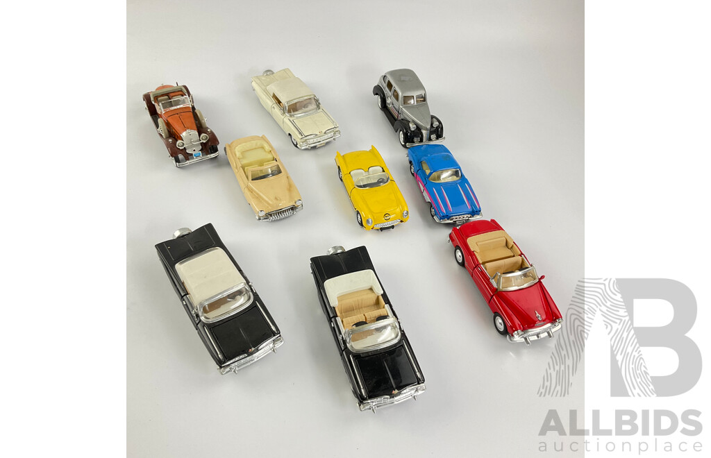 Collection of Diecast Classic American Cars Including 1930 Packard, 1959 Chevolet Impala, 1953 Buick Skylark, 1956 and 1962 Corvettes