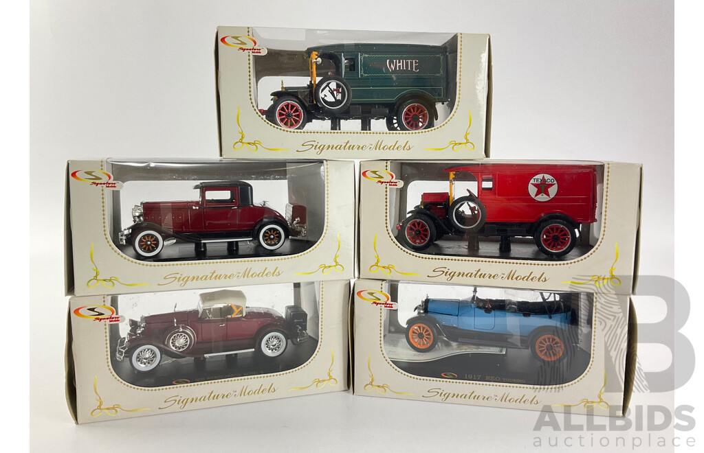 Five Boxed Signature Models Including 1920 White Van, 1917 REO Touring, 1930 Hudson, 1930 Pierce-Arrow Model B