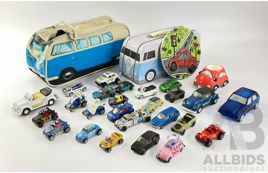 Collection of Volkswagen Items Including Diecast Vehicles, Tin Box, Bag and More