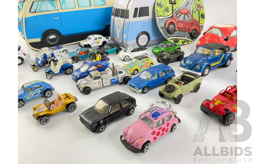 Collection of Volkswagen Items Including Diecast Vehicles, Tin Box, Bag and More