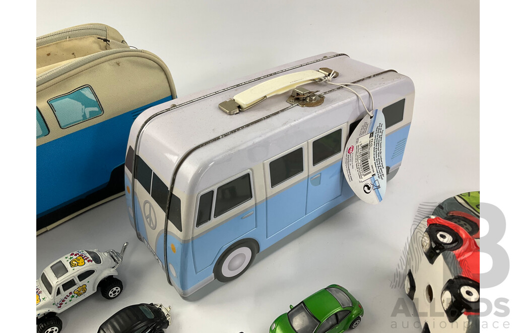 Collection of Volkswagen Items Including Diecast Vehicles, Tin Box, Bag and More