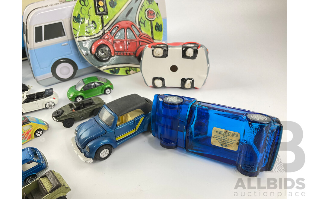 Collection of Volkswagen Items Including Diecast Vehicles, Tin Box, Bag and More