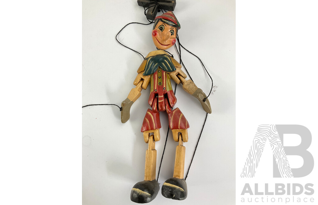 Two Vintage Timber Puppets Including Pinocchio Style