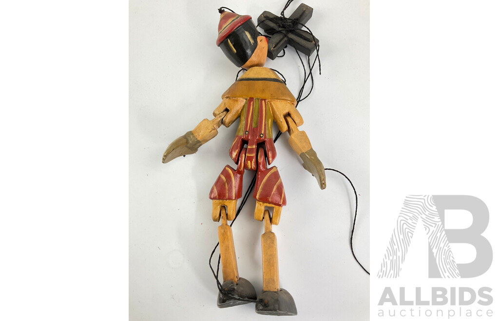 Two Vintage Timber Puppets Including Pinocchio Style