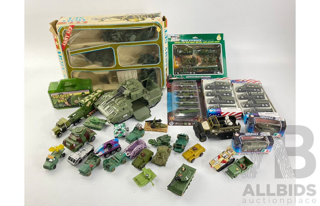 Collection of Boxed and Loose Military Vehicles Including Matchbox and Hot Wheels