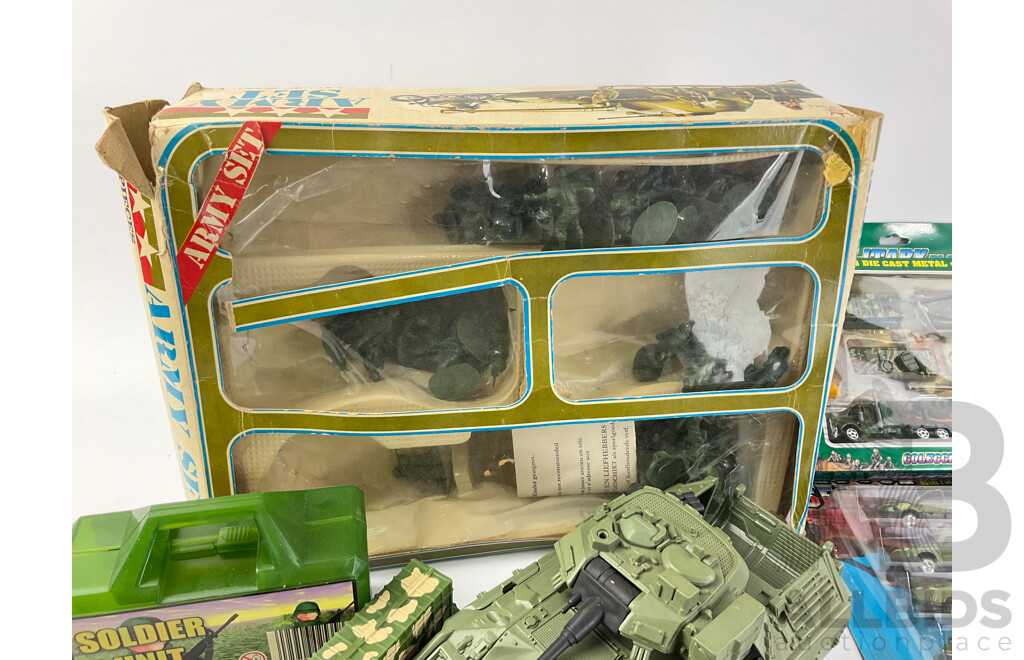 Collection of Boxed and Loose Military Vehicles Including Matchbox and Hot Wheels