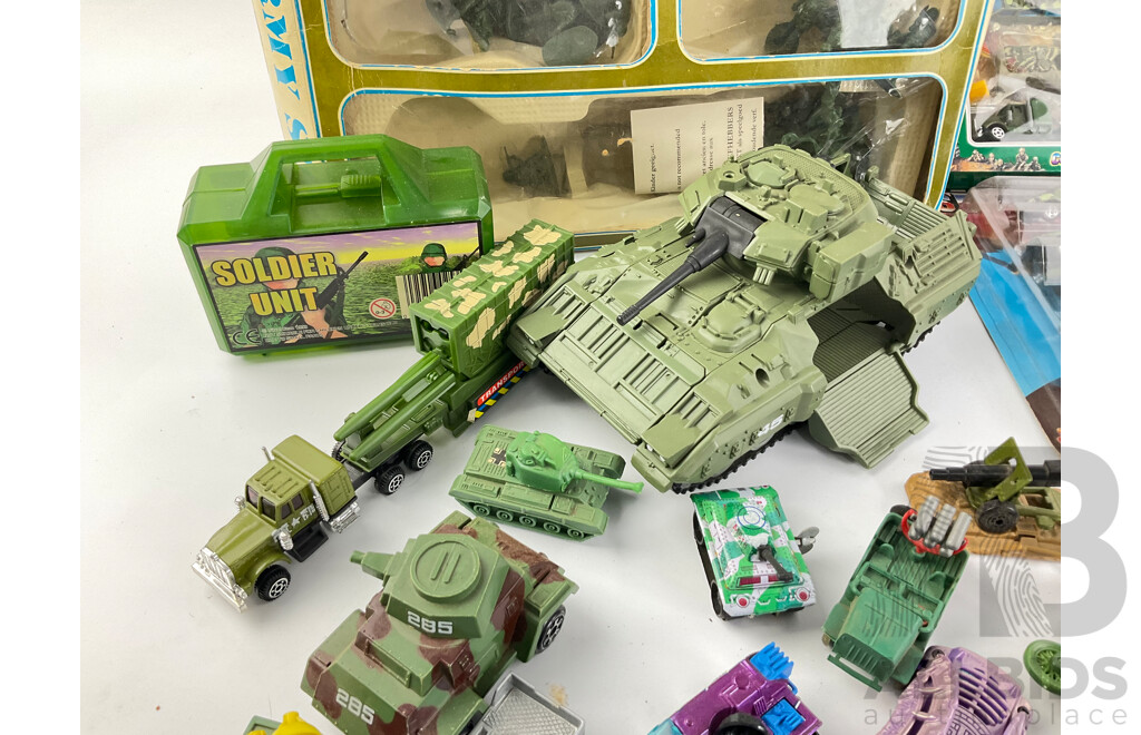 Collection of Boxed and Loose Military Vehicles Including Matchbox and Hot Wheels