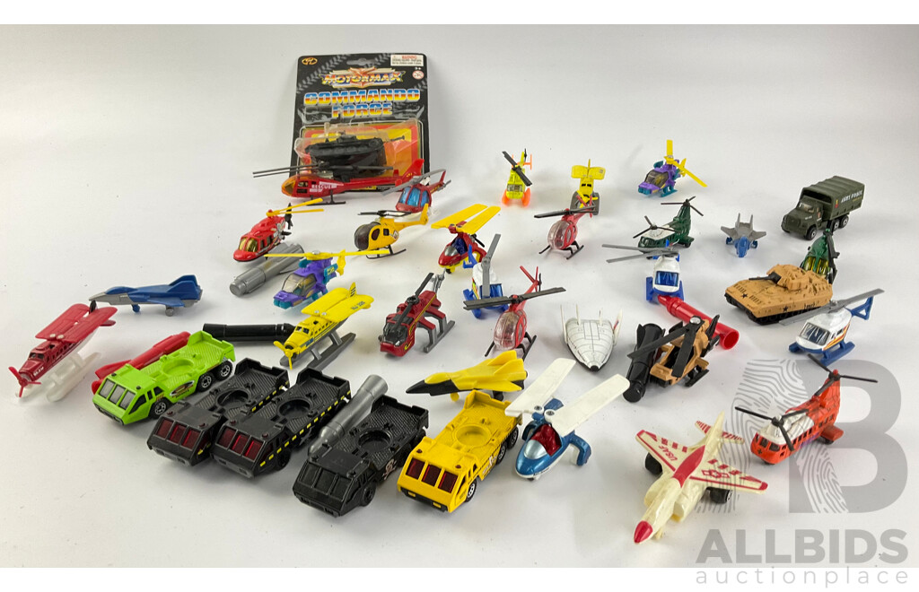 Collection of Diecast and Plastic Helicopters, Aircraft and Military Vehicles Including Matchbox