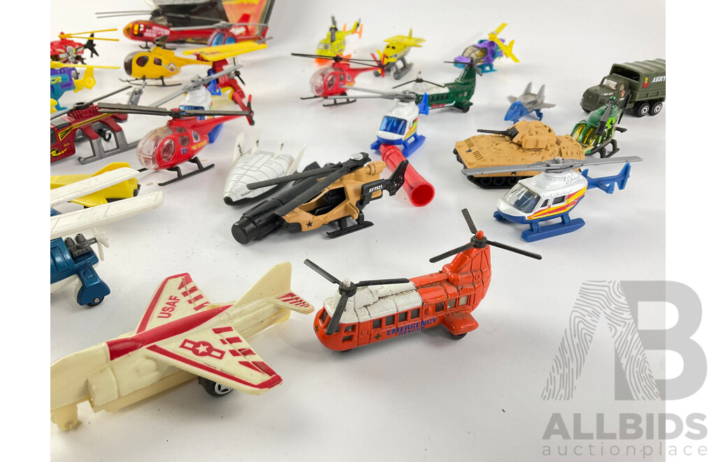 Collection of Diecast and Plastic Helicopters, Aircraft and Military Vehicles Including Matchbox