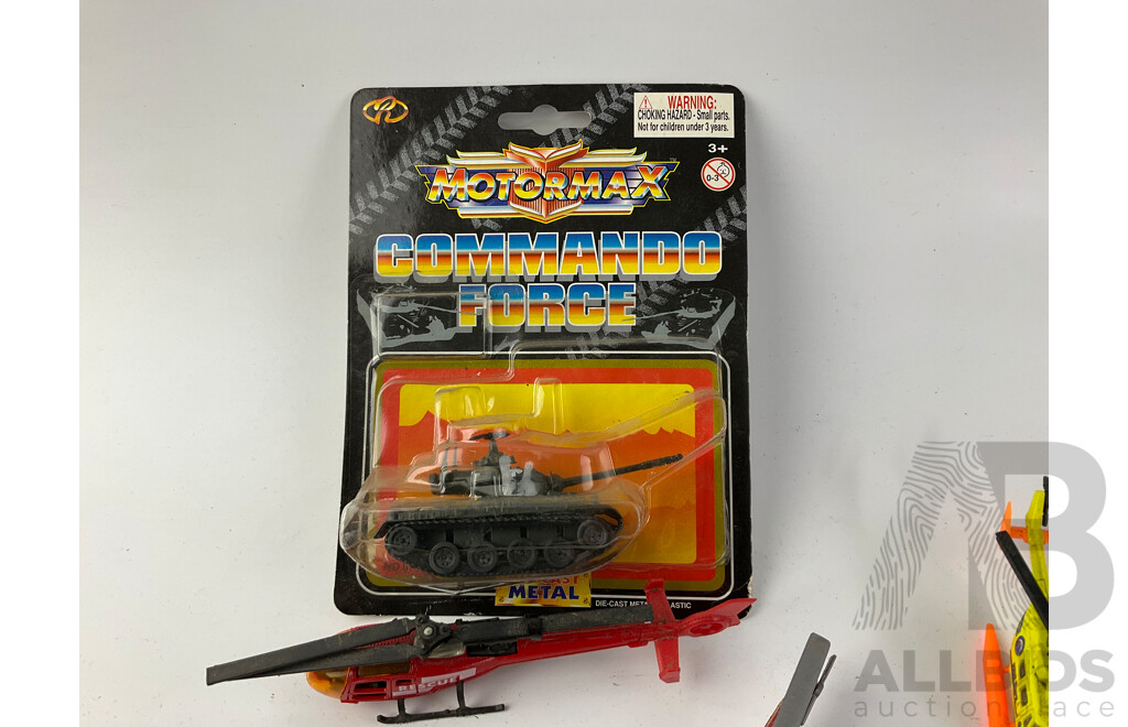 Collection of Diecast and Plastic Helicopters, Aircraft and Military Vehicles Including Matchbox