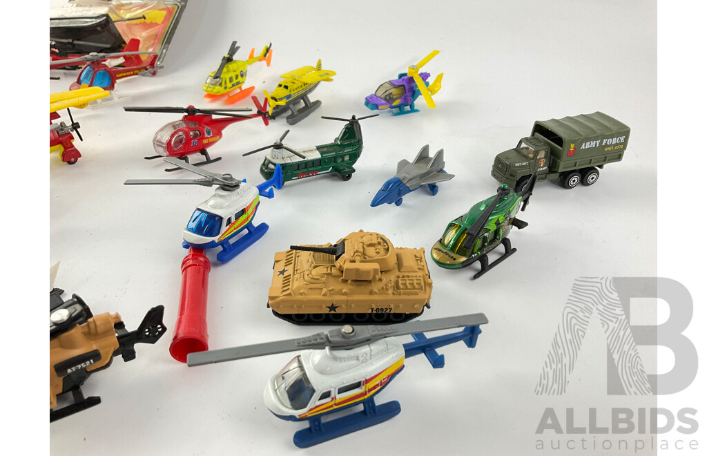 Collection of Diecast and Plastic Helicopters, Aircraft and Military Vehicles Including Matchbox