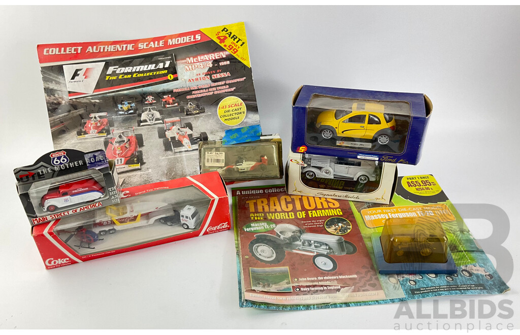 Collection of Boxed Diecast Vehicles Including Formular One, Tractors and Coke Cola, Signature Models