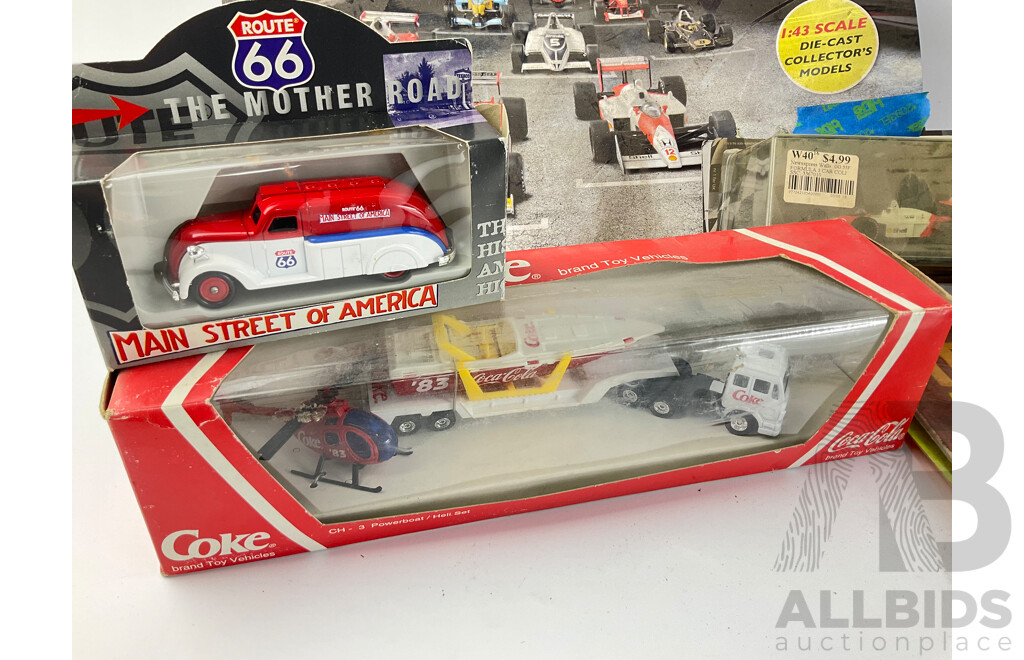 Collection of Boxed Diecast Vehicles Including Formular One, Tractors and Coke Cola, Signature Models