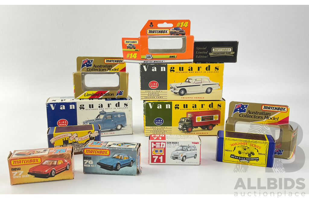 Collection of Diecast Vehicle Boxes Including Matchbox 75, Tomy and Vanguards