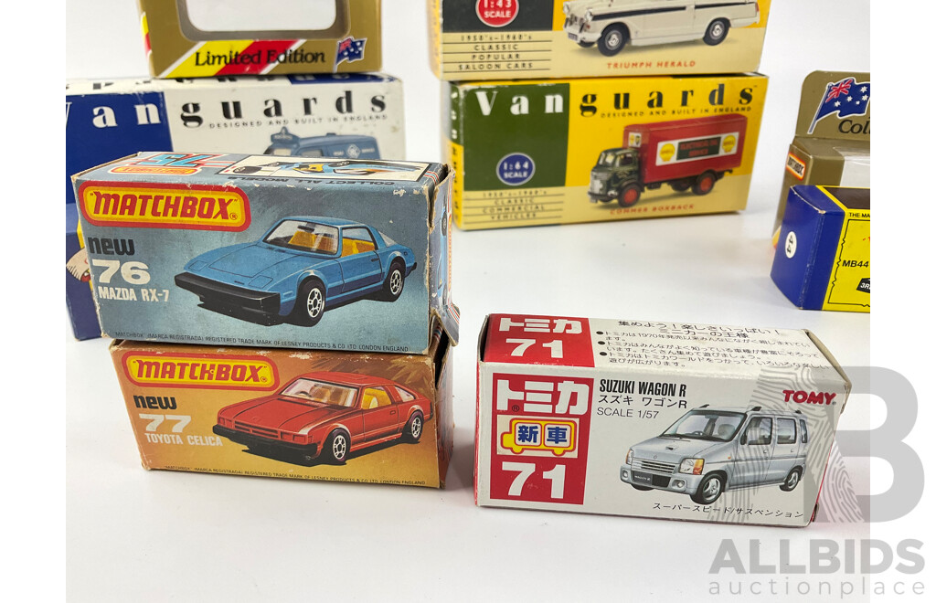 Collection of Diecast Vehicle Boxes Including Matchbox 75, Tomy and Vanguards