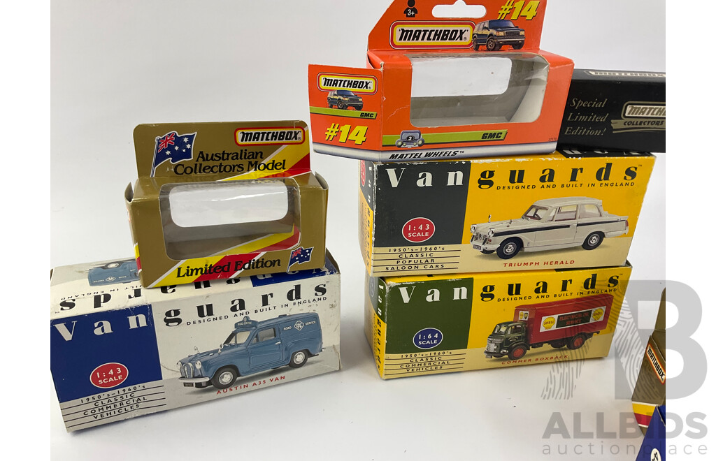 Collection of Diecast Vehicle Boxes Including Matchbox 75, Tomy and Vanguards