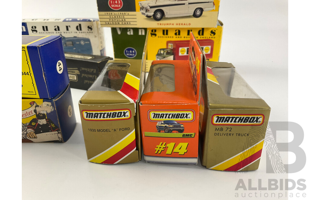 Collection of Diecast Vehicle Boxes Including Matchbox 75, Tomy and Vanguards