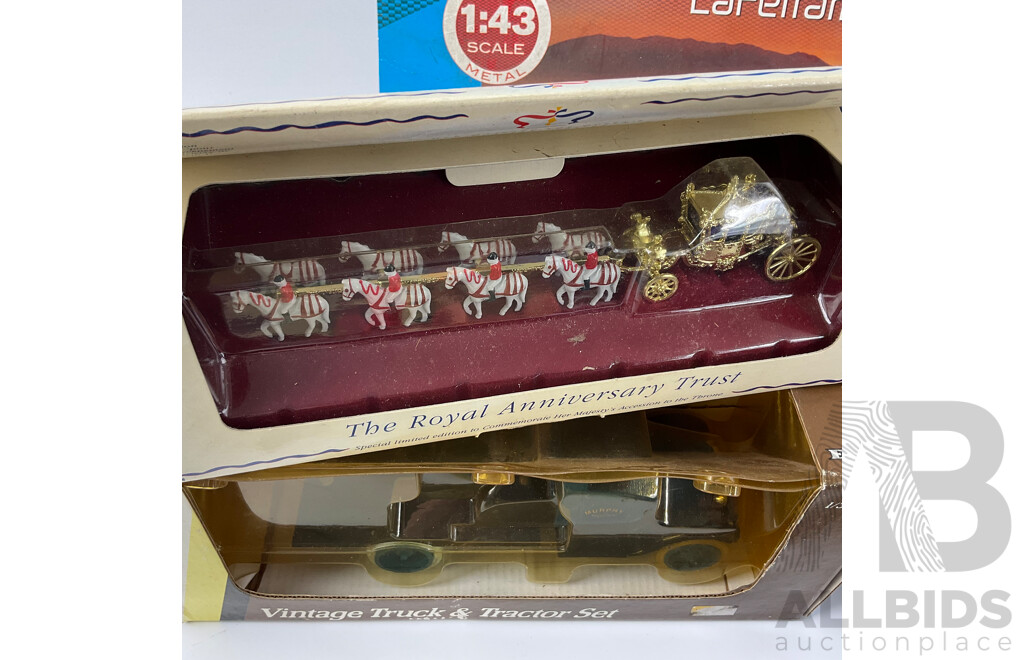 Collection of Boxed Diecast Vehicles Including 2013 La Ferrari, 1931 Hawk Eye Flatbed Truck, Cadbury Delivery Van and Firetruck